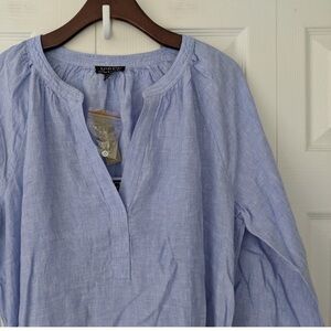 J.Crew Linen Cabana Dress Long Sleeve Belted V Neck‎ Maxi French Blue L NWT